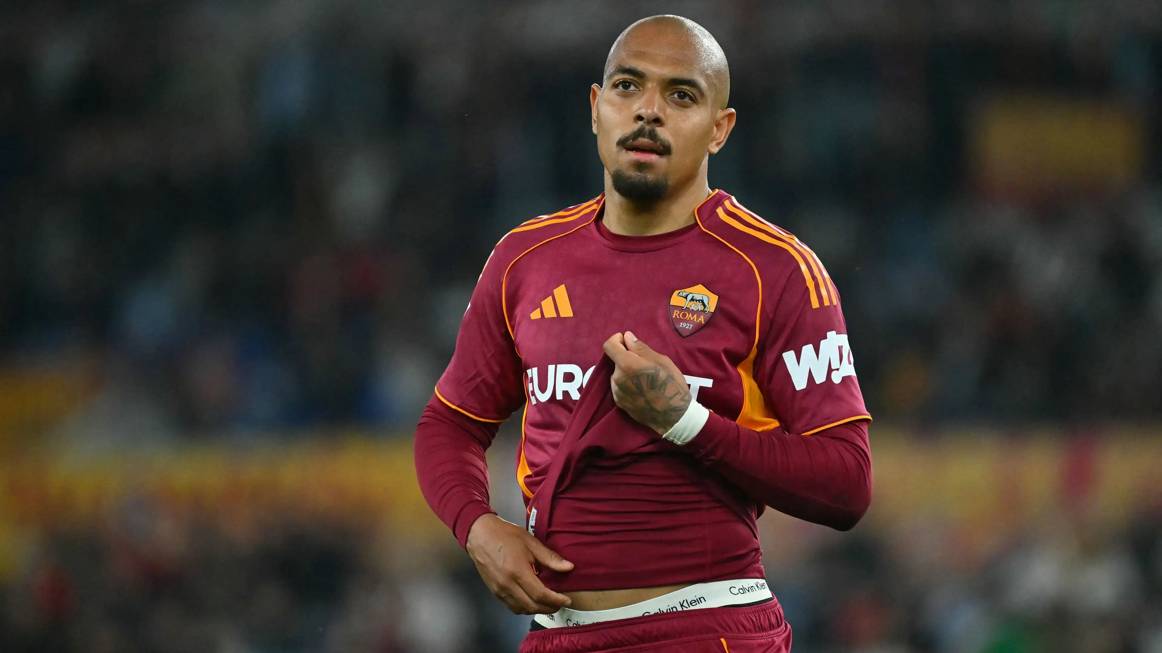 Roma forward Donyell Malen celebrates a goal amid reported interest from Arsenal, Chelsea and Manchester City